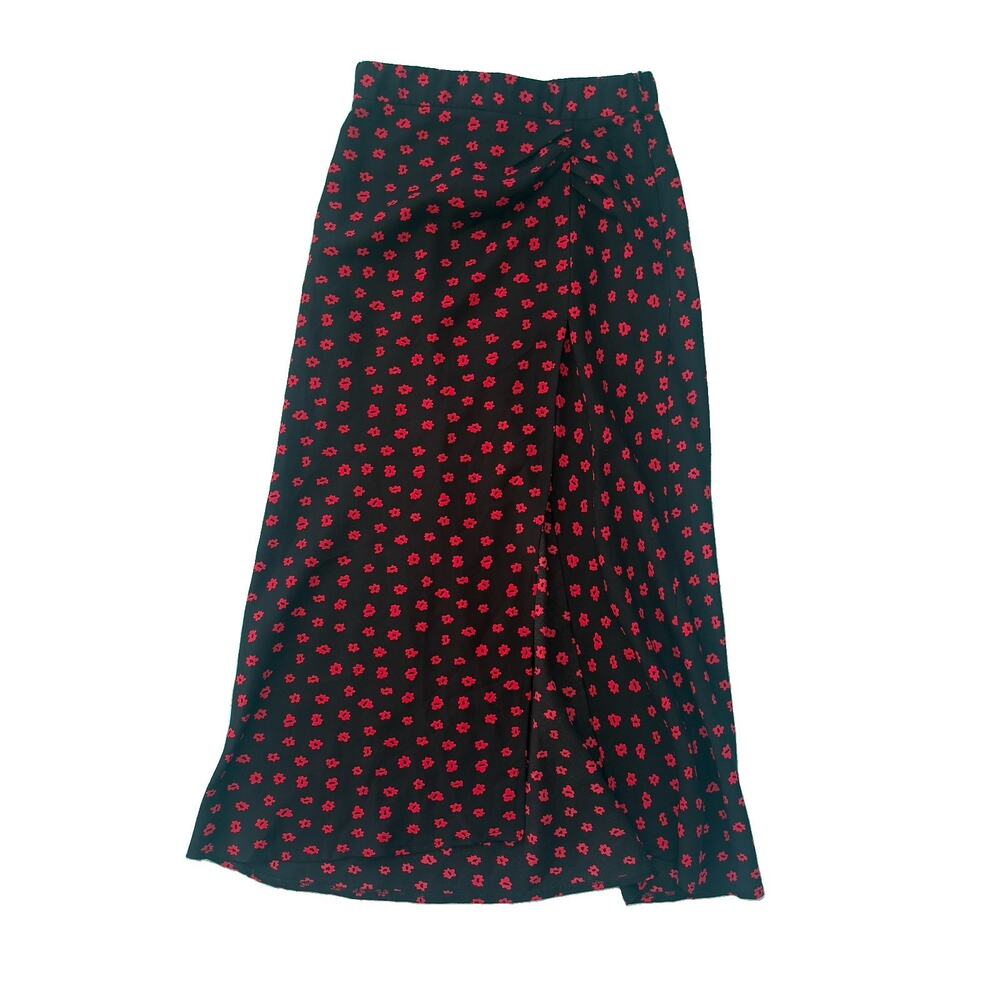 Princess Polly Size 4 Black Red Floral Maxi Skirt Slit